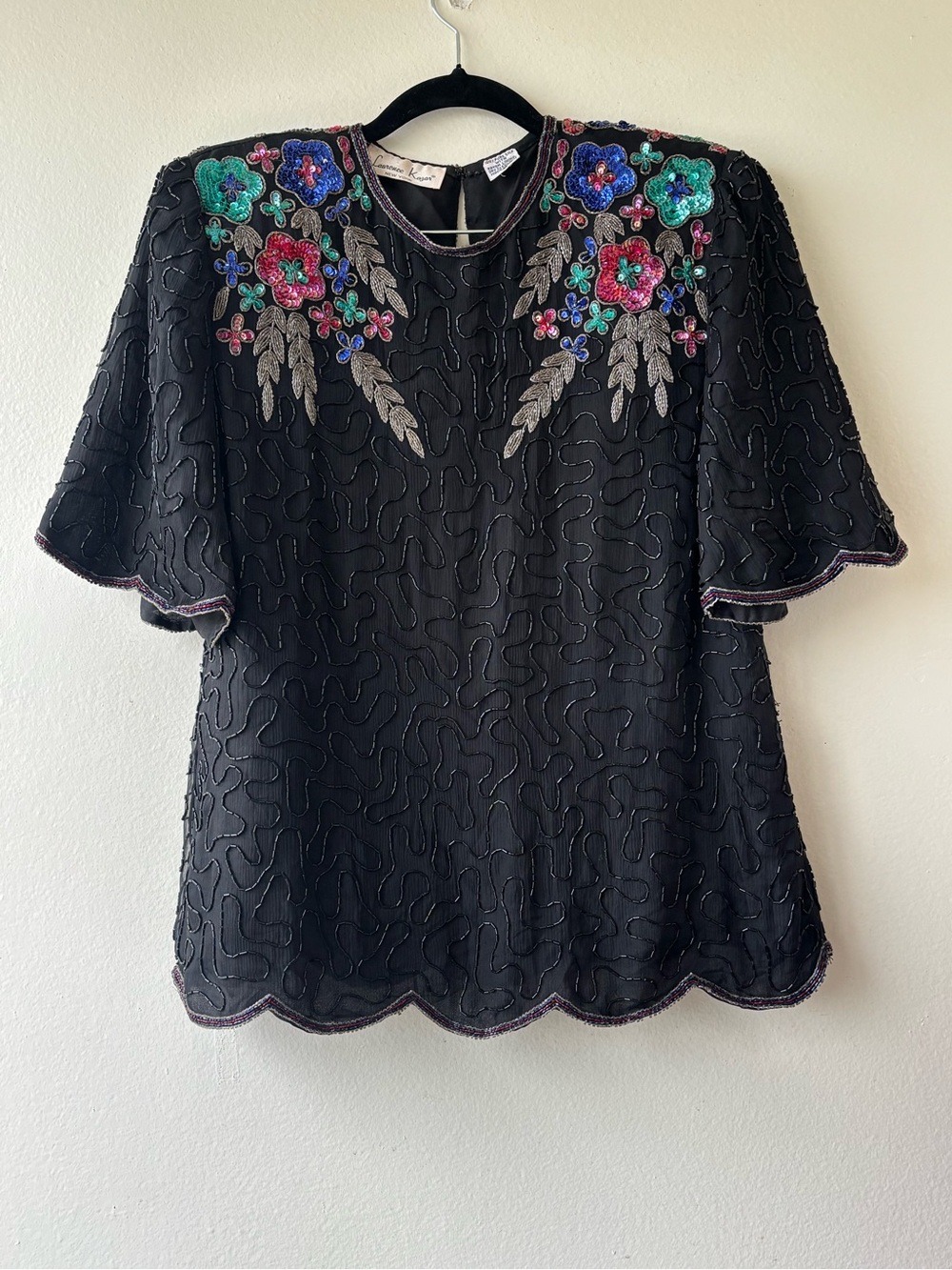 Laurence Kazar 100% Silk Embroidered Black Beaded and Sequin Floral Top